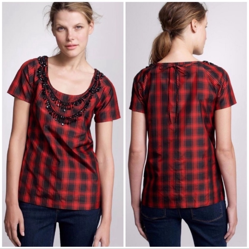 J. Crew Size 0 Red & Black Silk Plaid Beaded Eliza Top